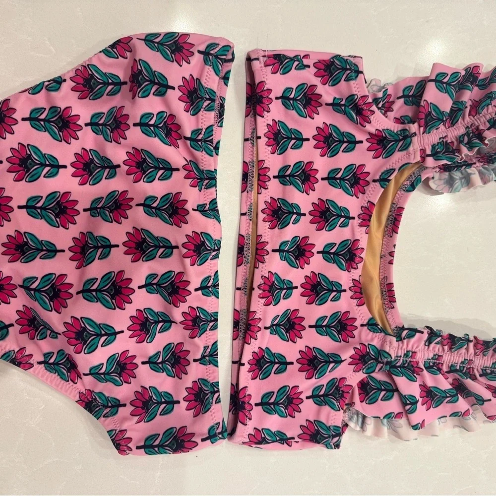 Crewcuts Pink Floral Print Two-Piece Swimsuit with Teal Accents